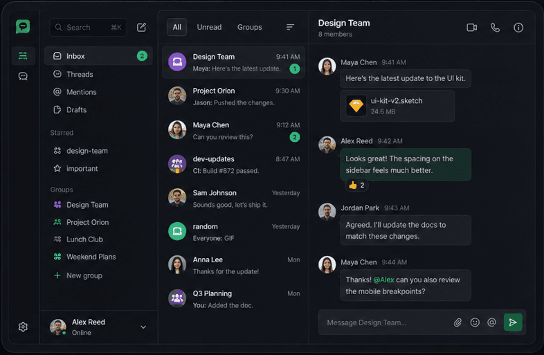 ChatApp product preview: inbox, conversation list, and an active group thread.